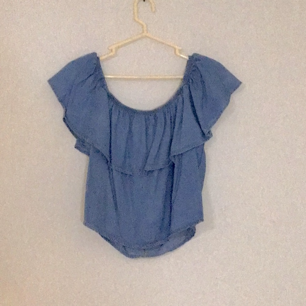 Haute Monde ruffled jean top.